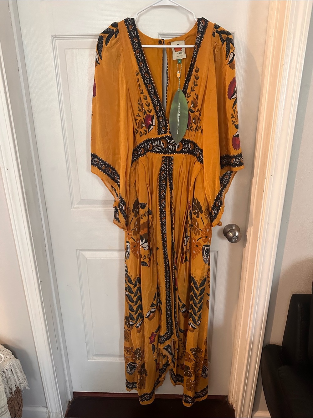 FARM Rio Mustard Floral Maxi Dress with Black Trim